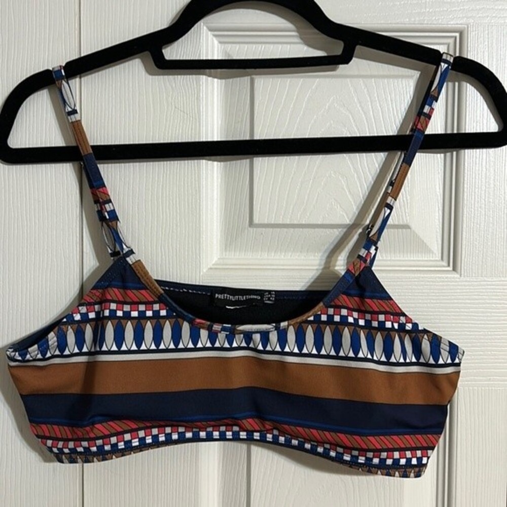 PRETTY LITTLE THING Size 10 Brown Blue White Pink Bikini Swim Top Lined Adjust
